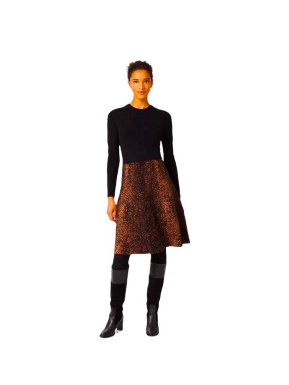Leopard-Print Midi A-Line Dress in Brown & Black